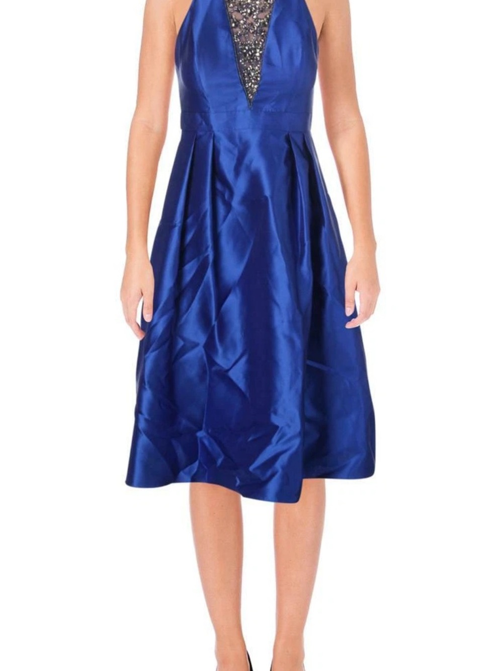Adrianna Papell Royal Blue Satin Halter Midi Dress with Beaded Plunge